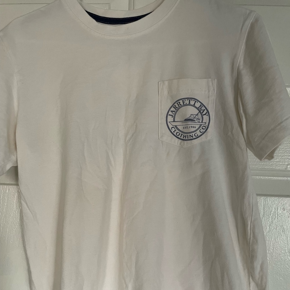 White blue and pink Jarret Bay Clothing t-shirt. Barely worn in great condition